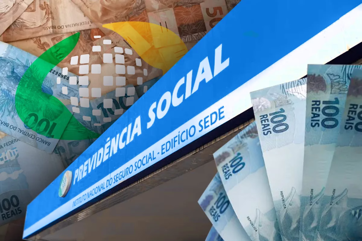 Imagem de uma agência do INSS e cédulas de dinheiro, representando o reembolso de descontos indevidos em 2025.