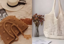 Bolsa de praia feita em crochê, com design moderno e em tons de bege