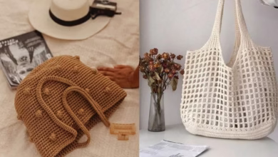 Bolsa de praia feita em crochê, com design moderno e em tons de bege