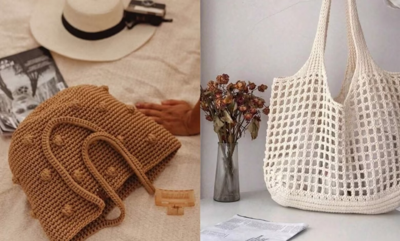 Bolsa de praia feita em crochê, com design moderno e em tons de bege