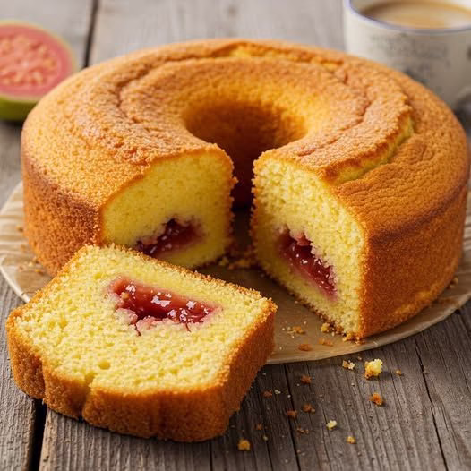 Fatia de bolo de fubá com goiabada no centro, servida com café