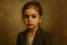 Retrato de uma menina com expressão séria, vestindo paletó marrom
