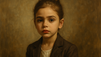 Retrato de uma menina com expressão séria, vestindo paletó marrom