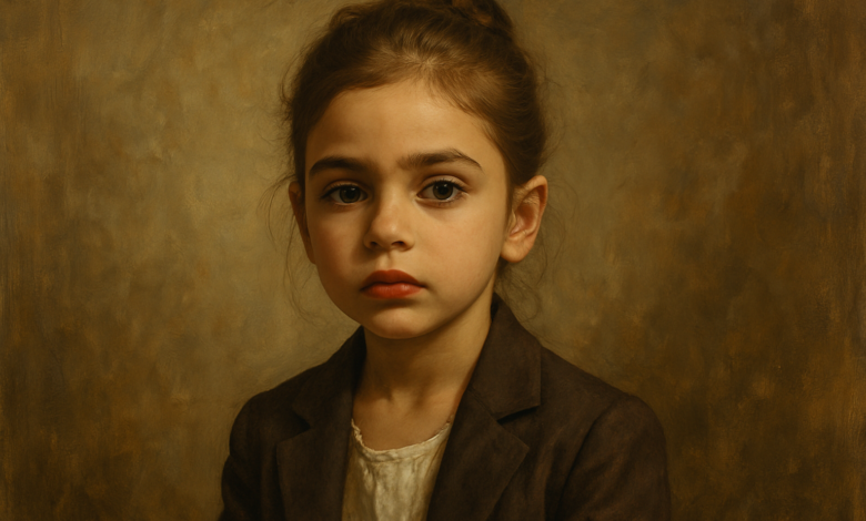 Retrato de uma menina com expressão séria, vestindo paletó marrom