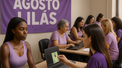 Mulheres em uma sala com banner escrito 'Agosto Lilás', utilizando computadores e realizando atendimento