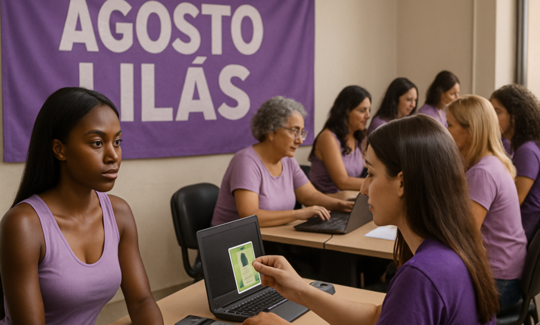 Mulheres em uma sala com banner escrito 'Agosto Lilás', utilizando computadores e realizando atendimento