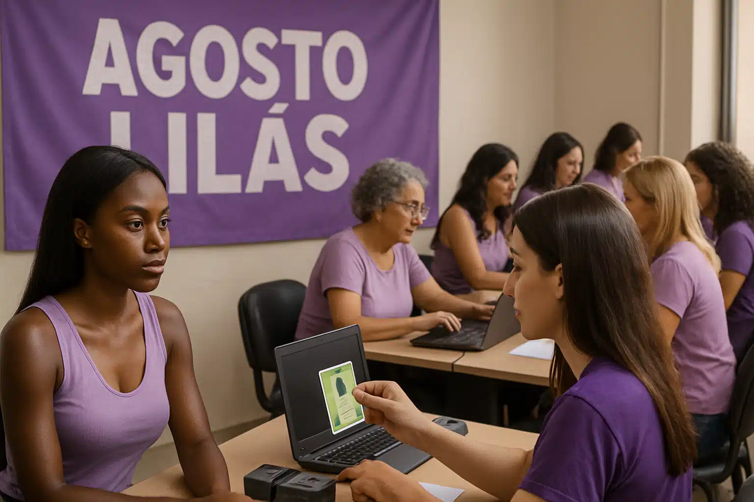 Mulheres em uma sala com banner escrito 'Agosto Lilás', utilizando computadores e realizando atendimento