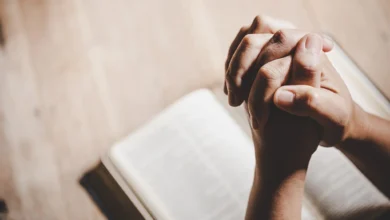 Mãos unidas em oração sobre uma Bíblia Sagrada, refletindo gratidão a Deus por mais um dia.