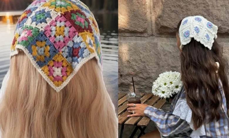 Bandana de crochê colorida, tendência do verão europeu, vista de trás sobre cabelo loiro e castanho.