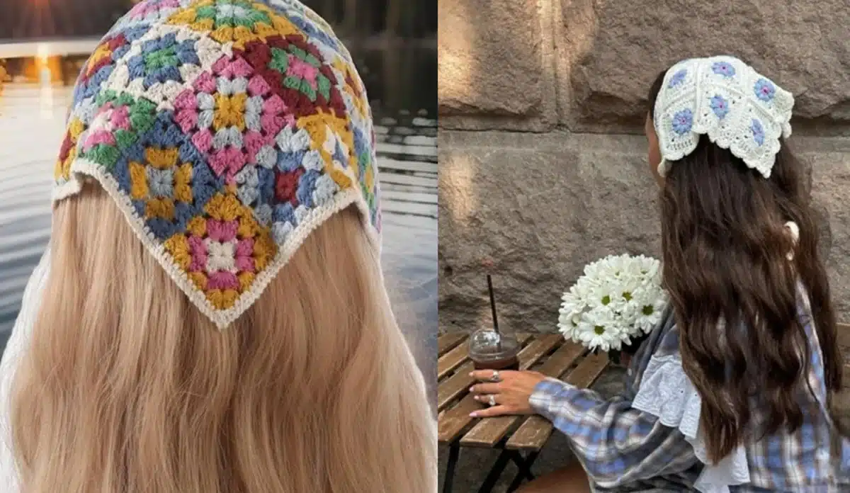 Bandana de crochê colorida, tendência do verão europeu, vista de trás sobre cabelo loiro e castanho.