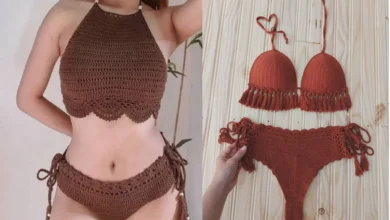 Biquíni de crochê boho com franjas em cores vibrantes, ideal para o verão de 2025.