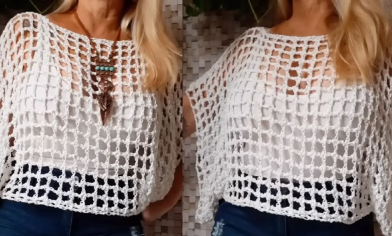 Blusa de crochê branca com padrão vazado, ideal para looks casuais e feitos à mão.