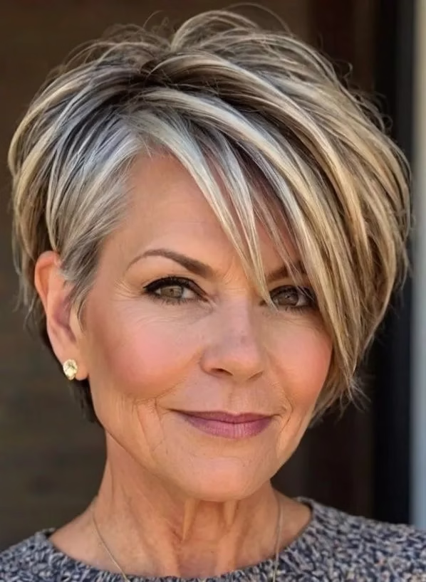 Mulher com corte bob assimétrico moderno e fios loiros com mechas platinadas.