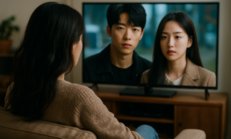 Mulher de costas assiste a um dorama de romance em uma TV de tela plana, mostrando um casal jovem na tela.
