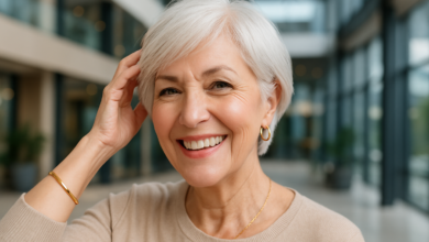 Mulher sorrindo com cabelos brancos naturais, destacando a beleza da idade.