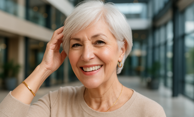 Mulher sorrindo com cabelos brancos naturais, destacando a beleza da idade.