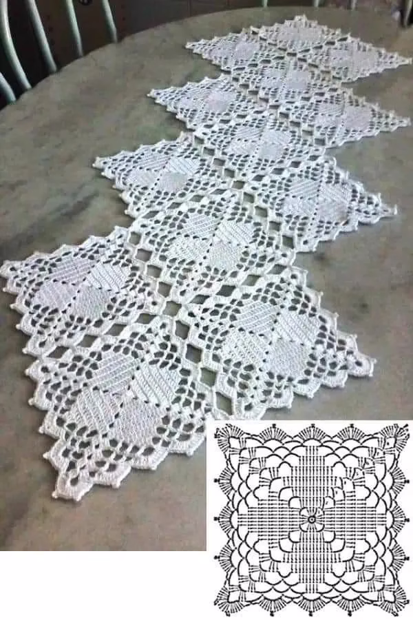Caminho de mesa em crochê com padrão geométrico e diagrama do motivo