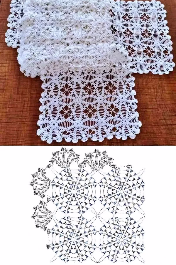 Caminho de mesa rendado branco com gráfico d Caminho de mesa rendado branco com pontos abertos e detalhes delicados em crochê