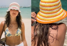 Chapéu de crochê colorido para praia, acessório perfeito para complementar o look de verão.