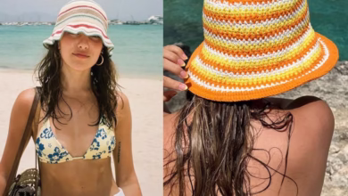 Chapéu de crochê colorido para praia, acessório perfeito para complementar o look de verão.