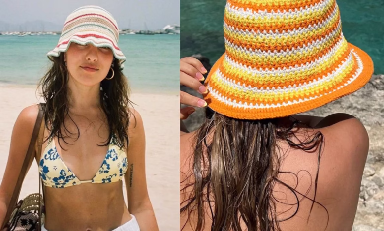 Chapéu de crochê colorido para praia, acessório perfeito para complementar o look de verão.