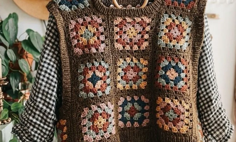 Imagem de um colete de crochê estilo granny square com quadrados coloridos em tons de marrom, azul, laranja e rosa, pendurado em um cabide sobre um fundo claro.