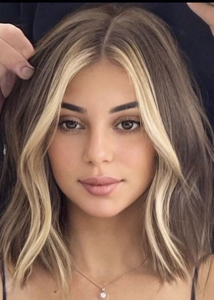 Mulher com cabelo castanho médio e mechas loiras no estilo hair contour
