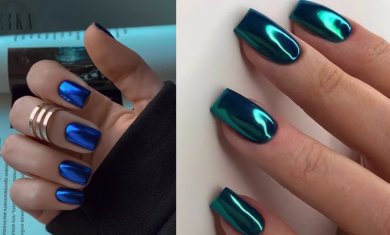Imagem de esmaltes metálicos em cores vibrantes, com acabamentos brilhantes e modernos.