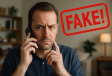Homem desconfiado ao telefone com selo vermelho de "FAKE" — alerta sobre golpe envolvendo o INSS