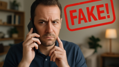 Homem desconfiado ao telefone com selo vermelho de "FAKE" — alerta sobre golpe envolvendo o INSS