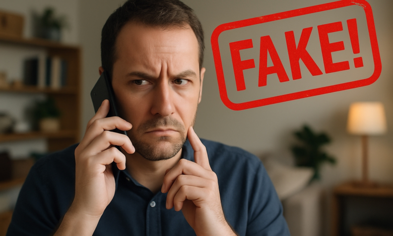 Homem desconfiado ao telefone com selo vermelho de "FAKE" — alerta sobre golpe envolvendo o INSS