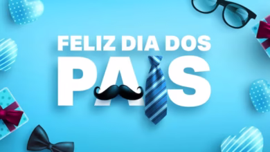 Feliz Dia dos Pais - Mensagem com gravata e bigode em fundo azul