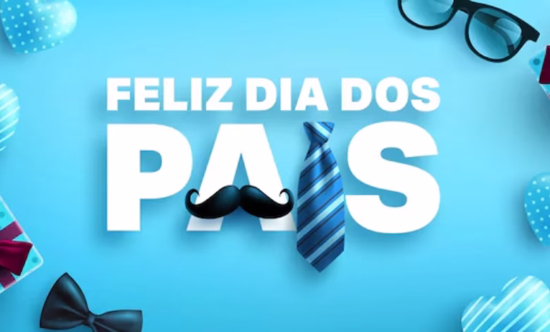 Feliz Dia dos Pais - Mensagem com gravata e bigode em fundo azul