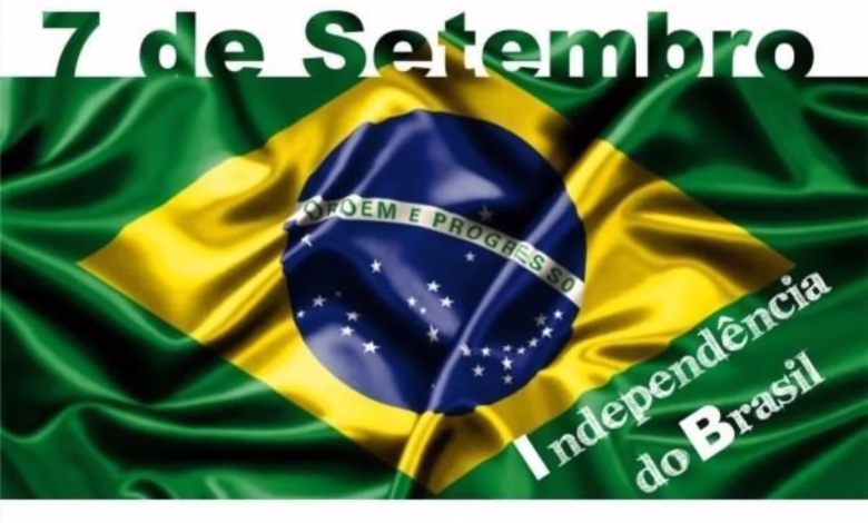 Bandeira do Brasil com texto sobre o Feriado de 7 de Setembro 2025, destacando o que abre e fecha nas cidades brasileiras