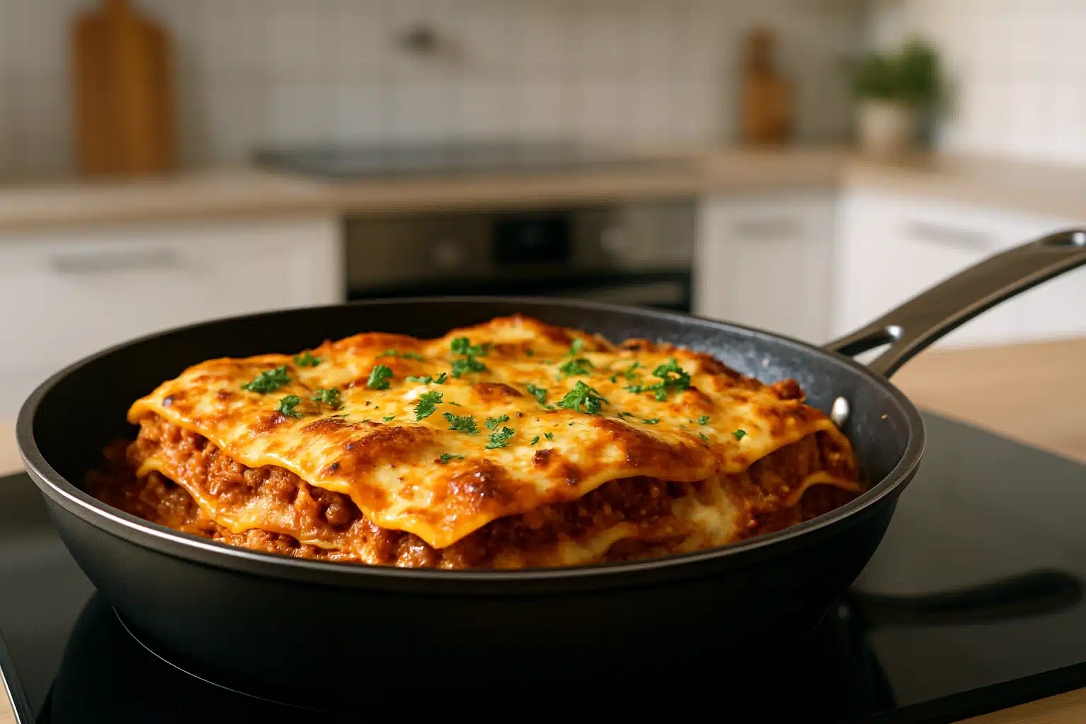 Lasanha caseira dourada em uma frigideira