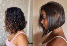 Imagem mostrando dois estilos de corte de cabelo long bob: um cabelo cacheado e outro liso, ambos com comprimento semelhante.