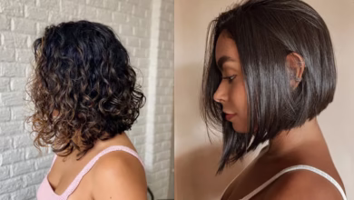 Imagem mostrando dois estilos de corte de cabelo long bob: um cabelo cacheado e outro liso, ambos com comprimento semelhante.