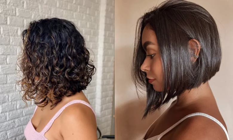 Imagem mostrando dois estilos de corte de cabelo long bob: um cabelo cacheado e outro liso, ambos com comprimento semelhante.