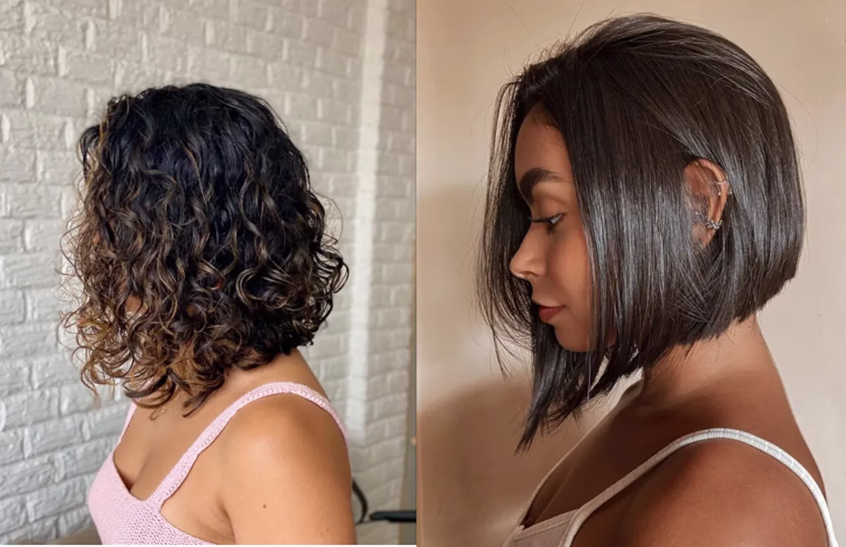 Imagem mostrando dois estilos de corte de cabelo long bob: um cabelo cacheado e outro liso, ambos com comprimento semelhante.