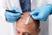 Profissional marcando áreas do couro cabeludo para transplante capilar masculino