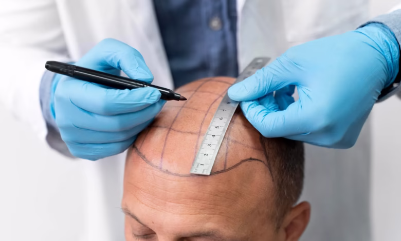 Profissional marcando áreas do couro cabeludo para transplante capilar masculino