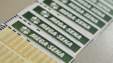 Imagem de bilhetes da Mega-Sena, exibindo números e a informação sobre os sorteios, destacando o número 10 como o mais sorteado.