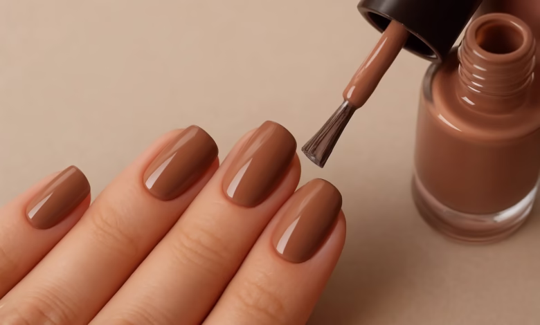 Unhas esmaltadas na cor Mocha Mousse, tendência nude elegante