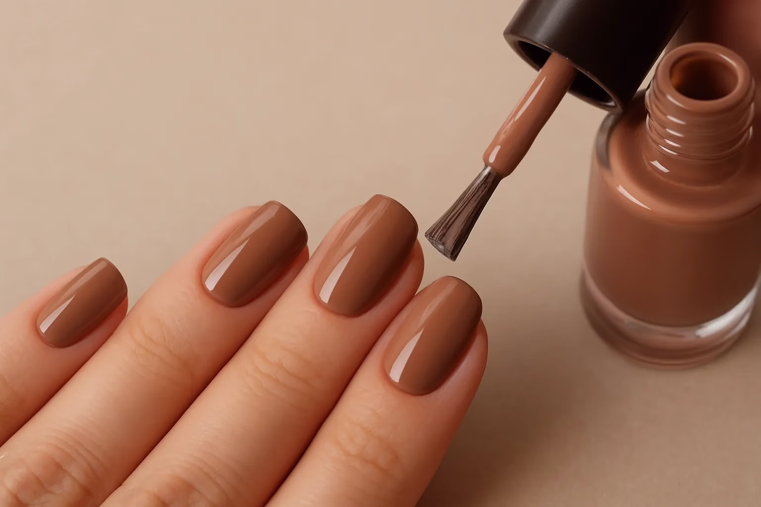 Unhas esmaltadas na cor Mocha Mousse, tendência nude elegante