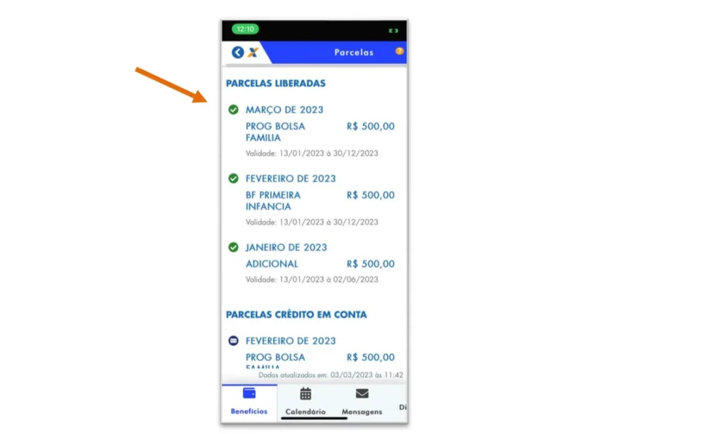 Imagem mostrando as parcelas liberadas, com destaque para as datas de validade e valores de cada parcela.