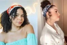 Mulheres com cabelo cacheado usando lenço estampado para penteado estiloso