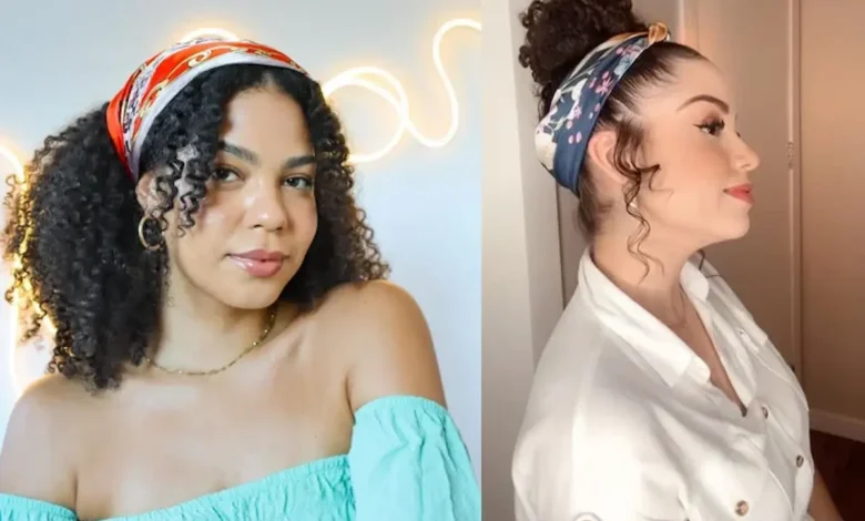 Mulheres com cabelo cacheado usando lenço estampado para penteado estiloso