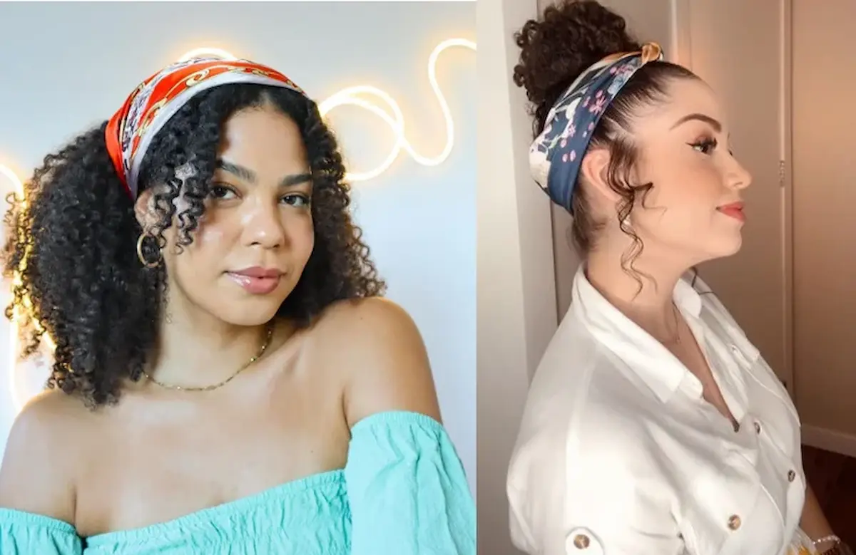 Mulheres com cabelo cacheado usando lenço estampado para penteado estiloso