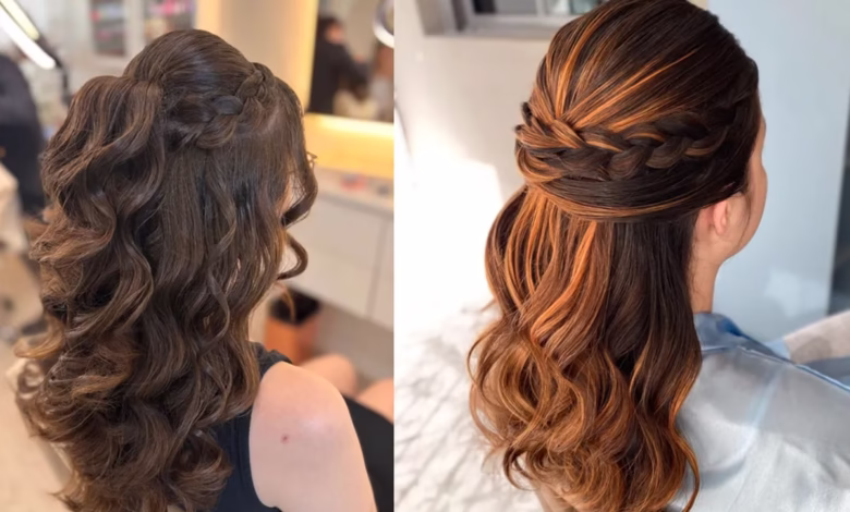 Penteado semi-preso com trança e ondas, perfeito para eventos e festas.