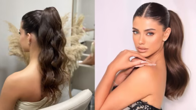 Rabo de cavalo volumoso com divisão ao meio, penteado prático para eventos.